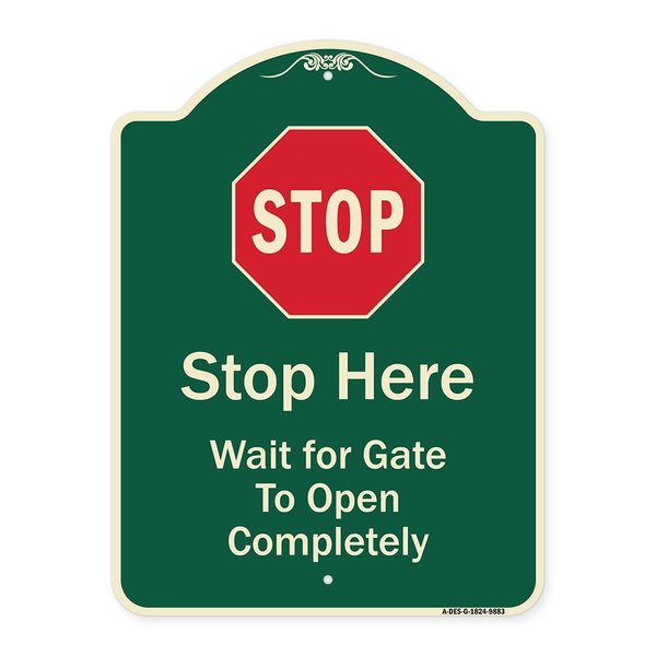 Signmission Designer Series-Stop Wait For Gate To Open Completely With Symbol, 24" x 18", G-1824-9883 A-DES-G-1824-9883